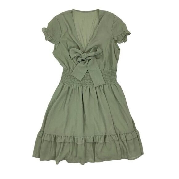 Women’s Ruffle Dress Large Green Short Sleeve Front Tie - Picture 1 of 5